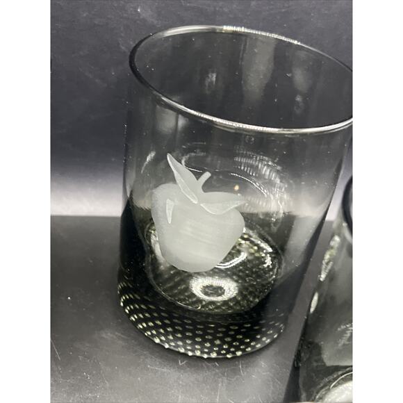 Smoke Gray Lowball Old Fashioned Etched Fruit Juice Barware Whiskey Set Of 5 - Picture 10 of 14